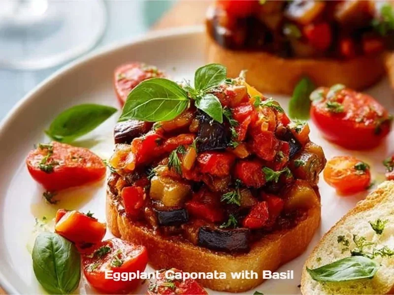 Delicious Eggplant Caponata with fresh basil served in a bowl