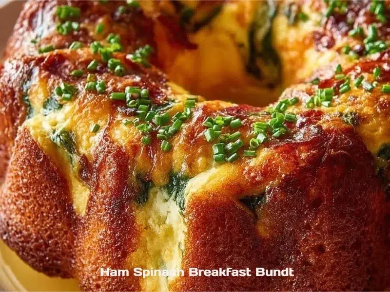 Ham Spinach Breakfast Bundt served on a plate with fresh herbs and side ingredients.