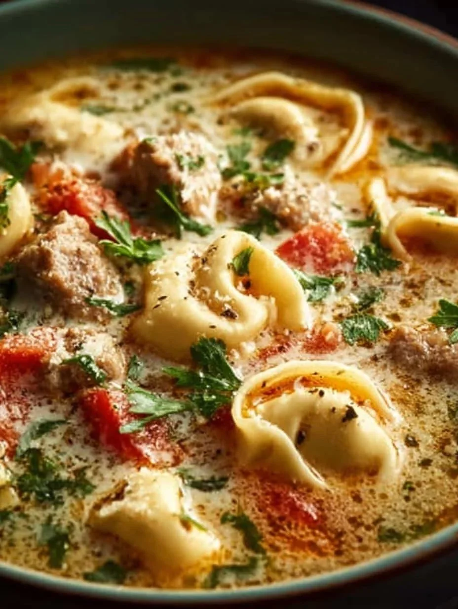 Bowl of Italian Sausage Tortellini Soup with fresh herbs and ingredients.