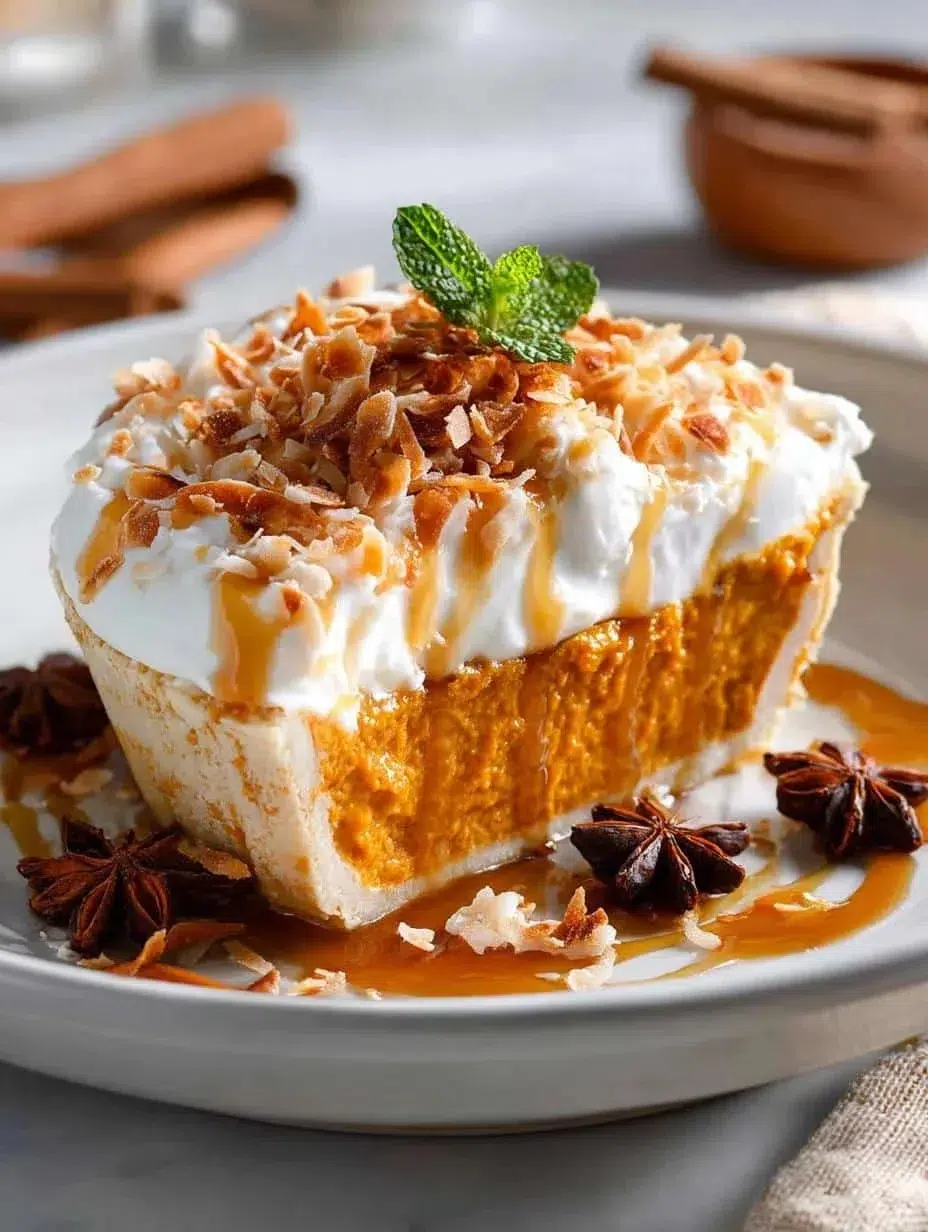 Delicious orange spice coconut pumpkin dish garnished with spices.