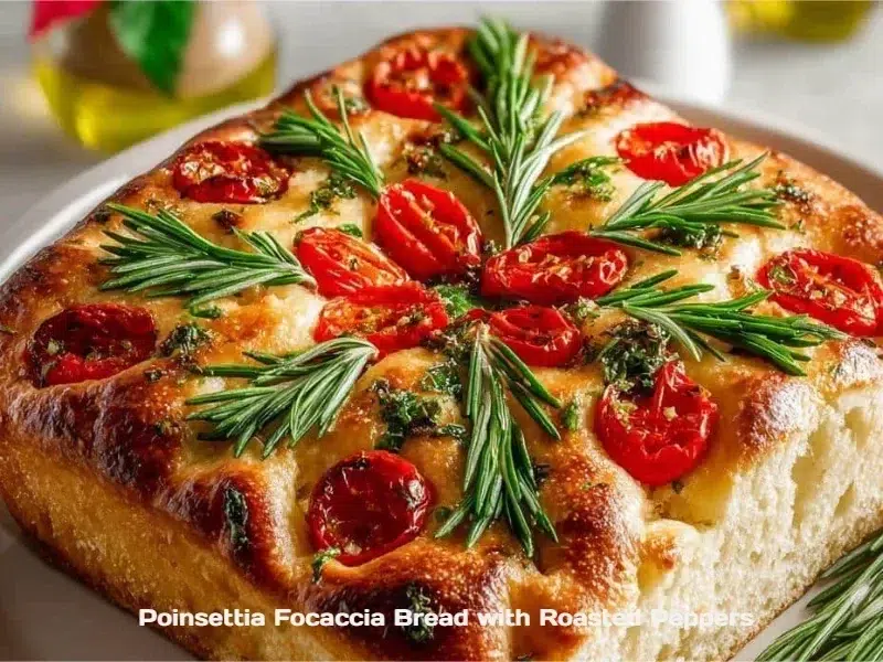 Beautiful Poinsettia Focaccia Bread topped with roasted peppers, perfect for festive occasions.