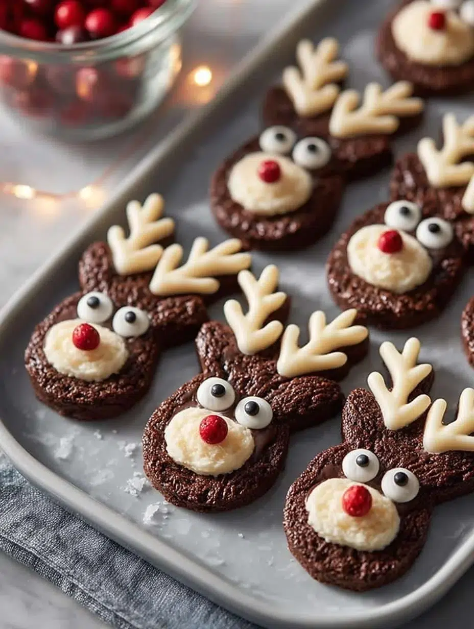 Decorated chocolate reindeer cookies on a festive plate