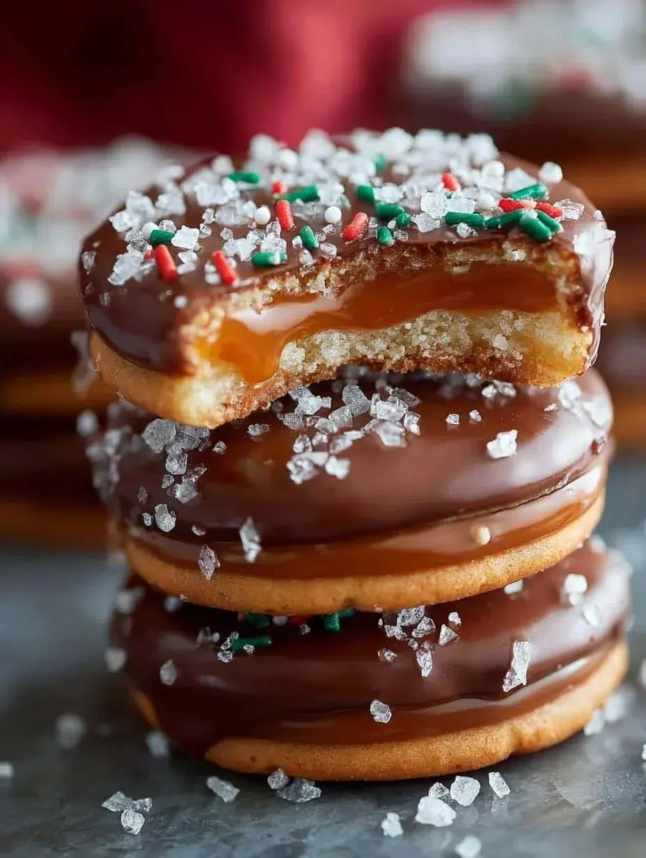 Plate of salted caramel Ritz cookies with a drizzle of caramel