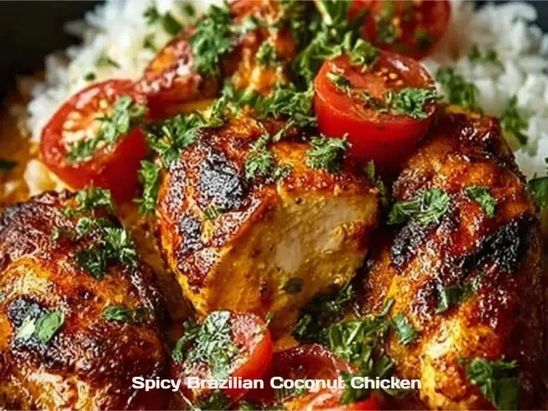 Spicy Brazilian Coconut Chicken dish served with rice and garnished with herbs