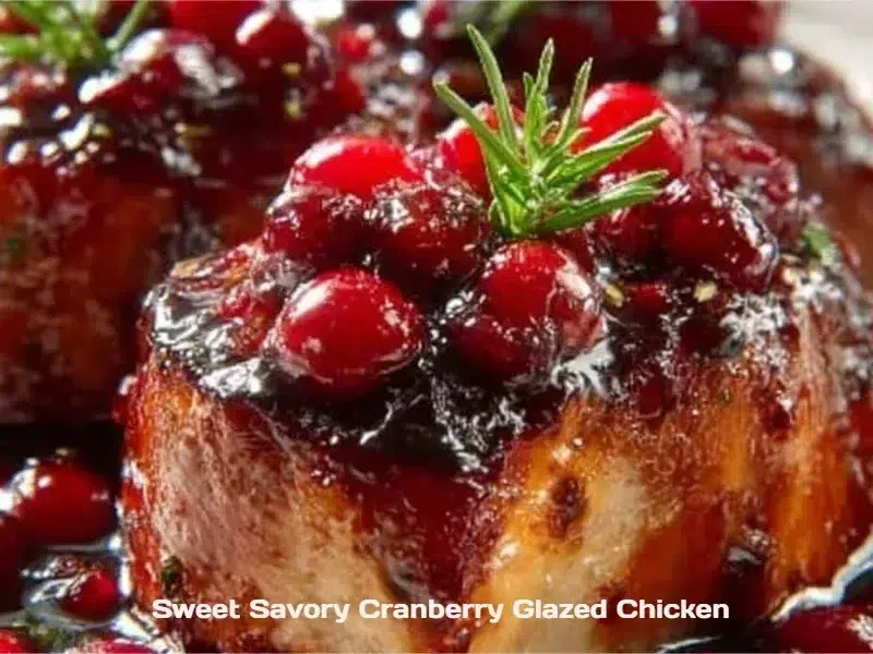 Delicious cranberry glazed chicken served on a plate with fresh herbs.