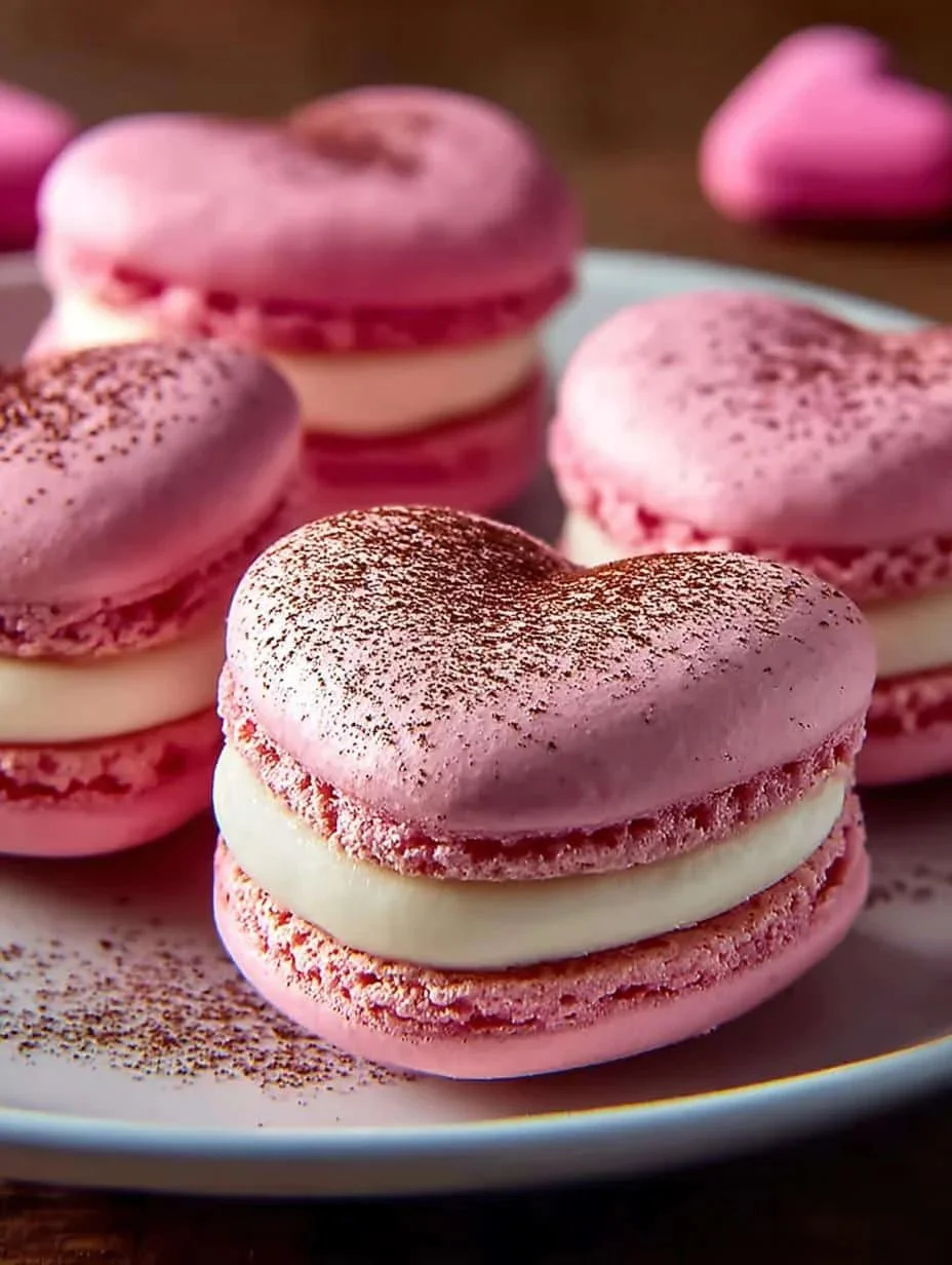 Valentine's heart macarons beautifully arranged on a table