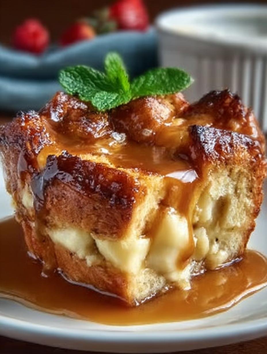Croissant Bread Pudding with Caramel: A Sweet Delight 1 Irresistible Croissant Bread Pudding with Caramel fresh from the oven in a baking dish