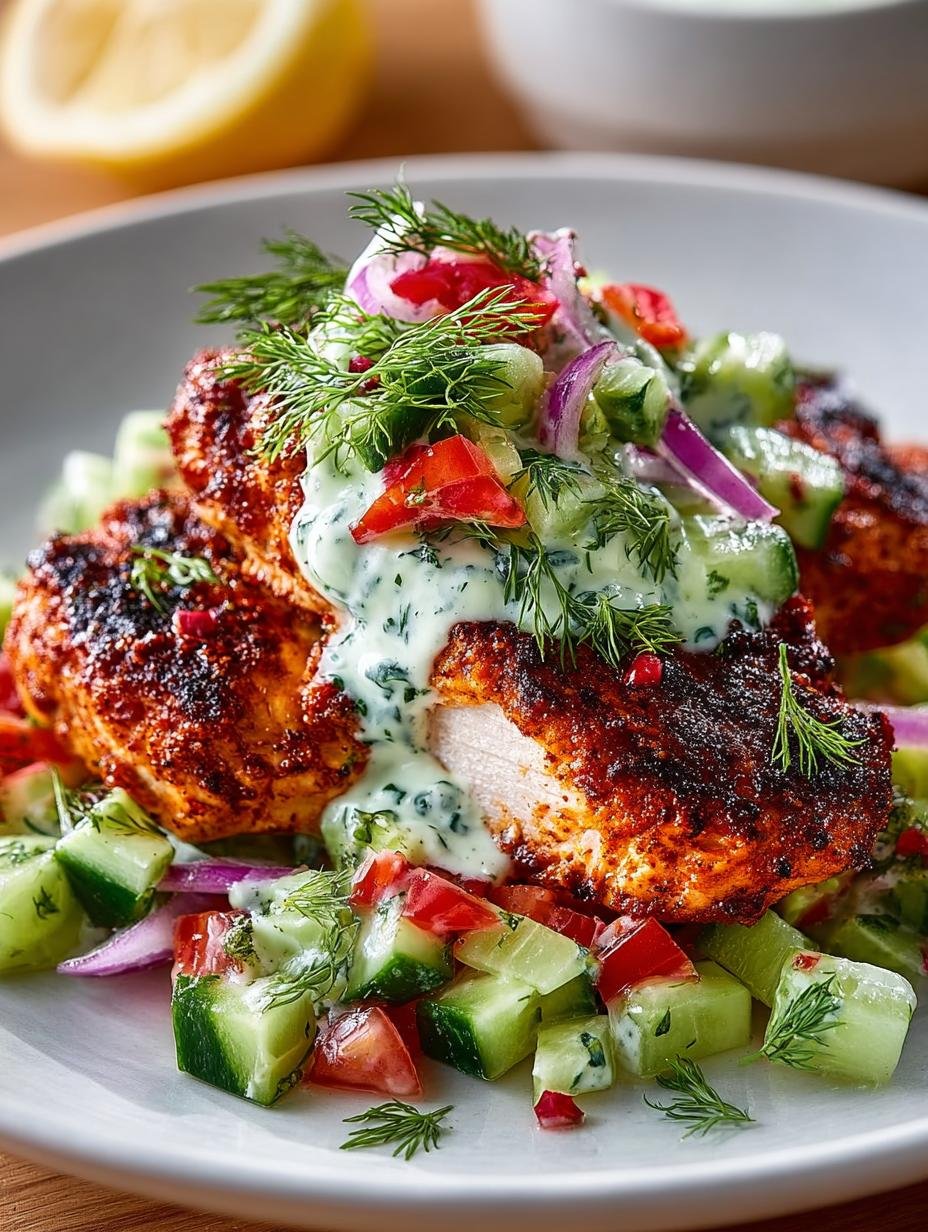 Spicy Mediterranean Chicken with Creamy Cucumber Salad Delight - Spicy Mediterranean Chicken with - main visual representation