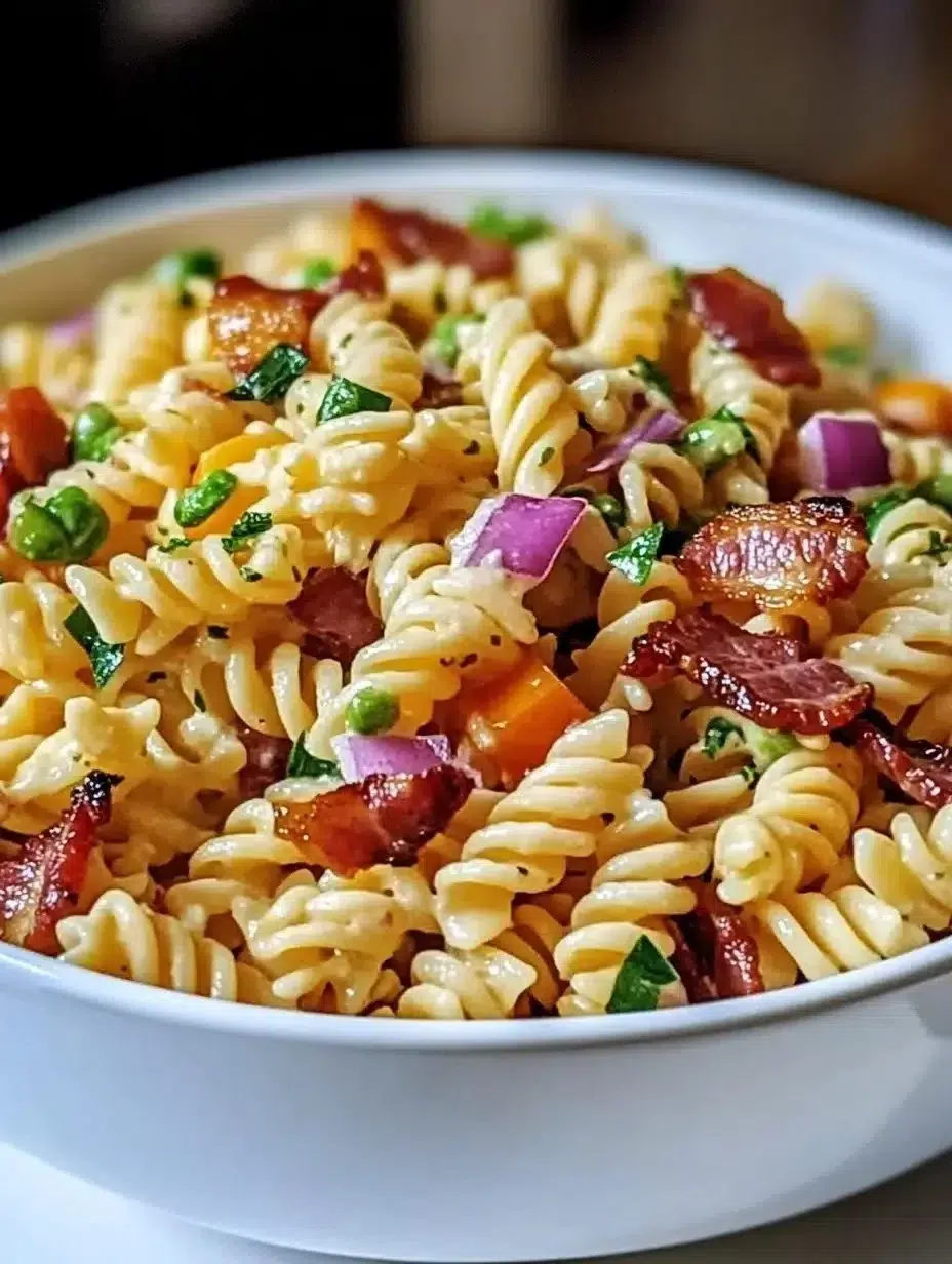 Bacon Ranch Pasta Salad with crispy bacon and ranch dressing