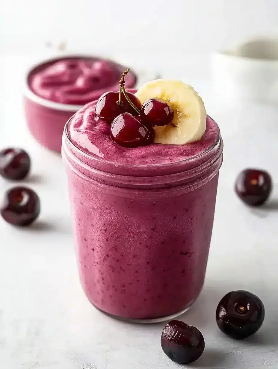 A delicious cherry smoothie in a glass garnished with cherries and mint