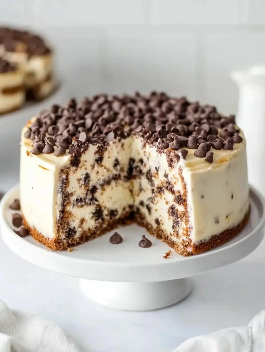 Delicious Chocolate Chip Cheesecake Cake with creamy filling and chocolate chips
