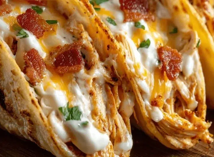 home 11 Delicious creamy Cheddar Ranch Chicken Tacos served on a plate