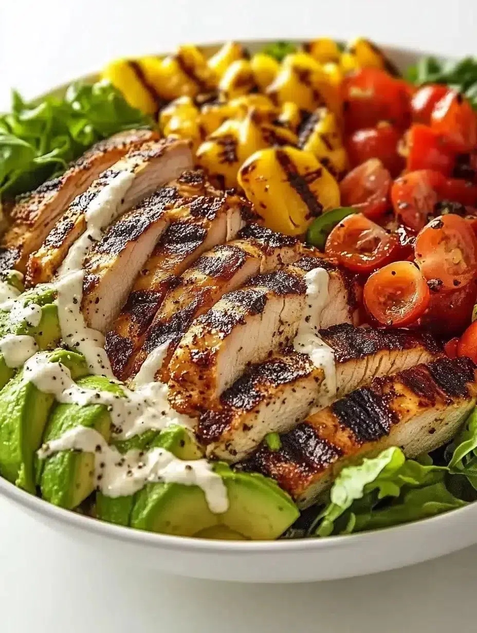 Grilled Chicken and Avocado Salad Bowl garnished with fresh greens and vegetables