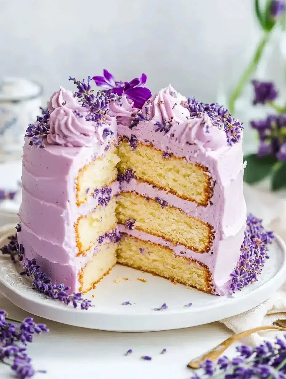 Lavender Cake with Lavender Buttercream Frosting on a decorative plate