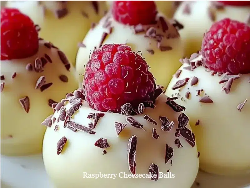 home 11 Delicious raspberry cheesecake balls topped with fresh raspberries.