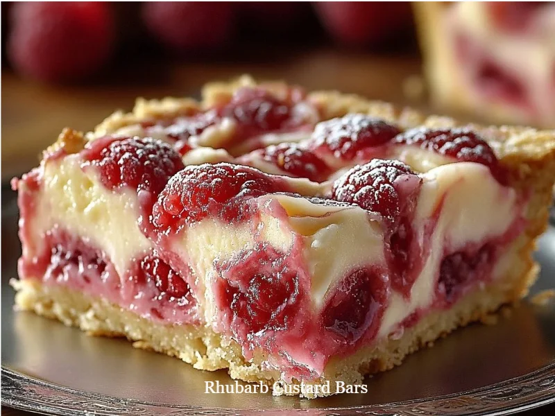 home 6 Delicious homemade Rhubarb Custard Bars with a creamy custard topping and rhubarb filling