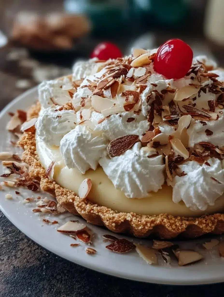 Slice of Almond Amaretto Cream Pie topped with almonds and whipped cream