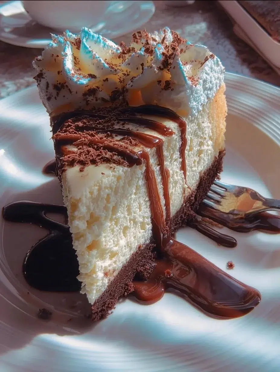 Delicious Baileys cheesecake cake topped with chocolate and cream.