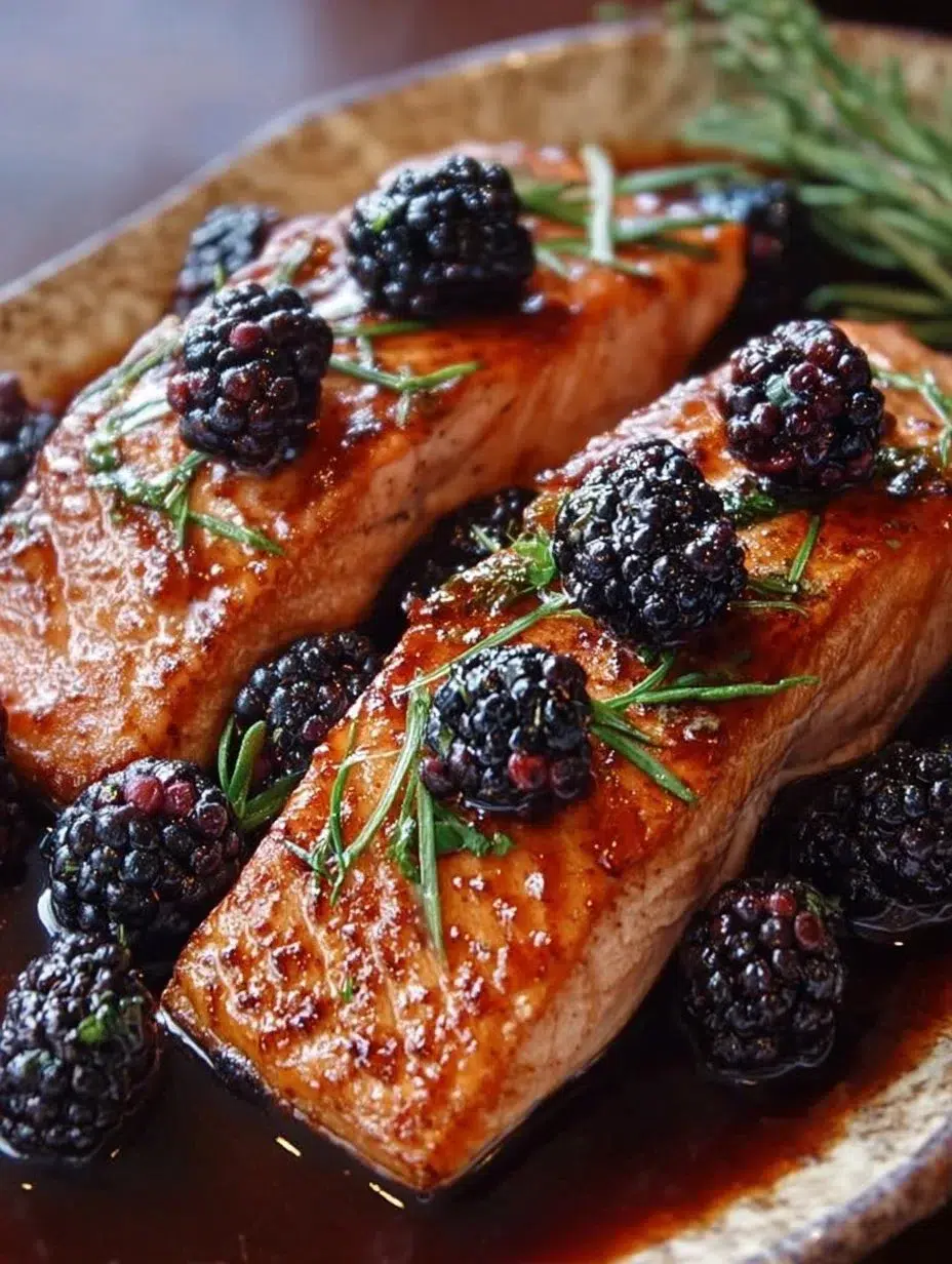 Bourbon-Glazed Blackberry Salmon served on a plate with fresh herbs and berries.