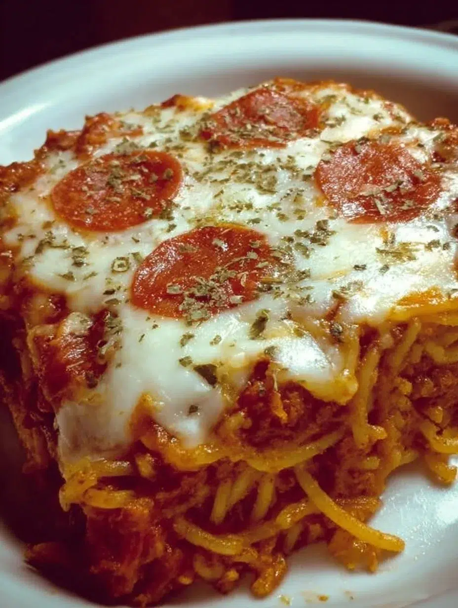 Cheesy spaghetti pizza bake topped with melted cheese and spices