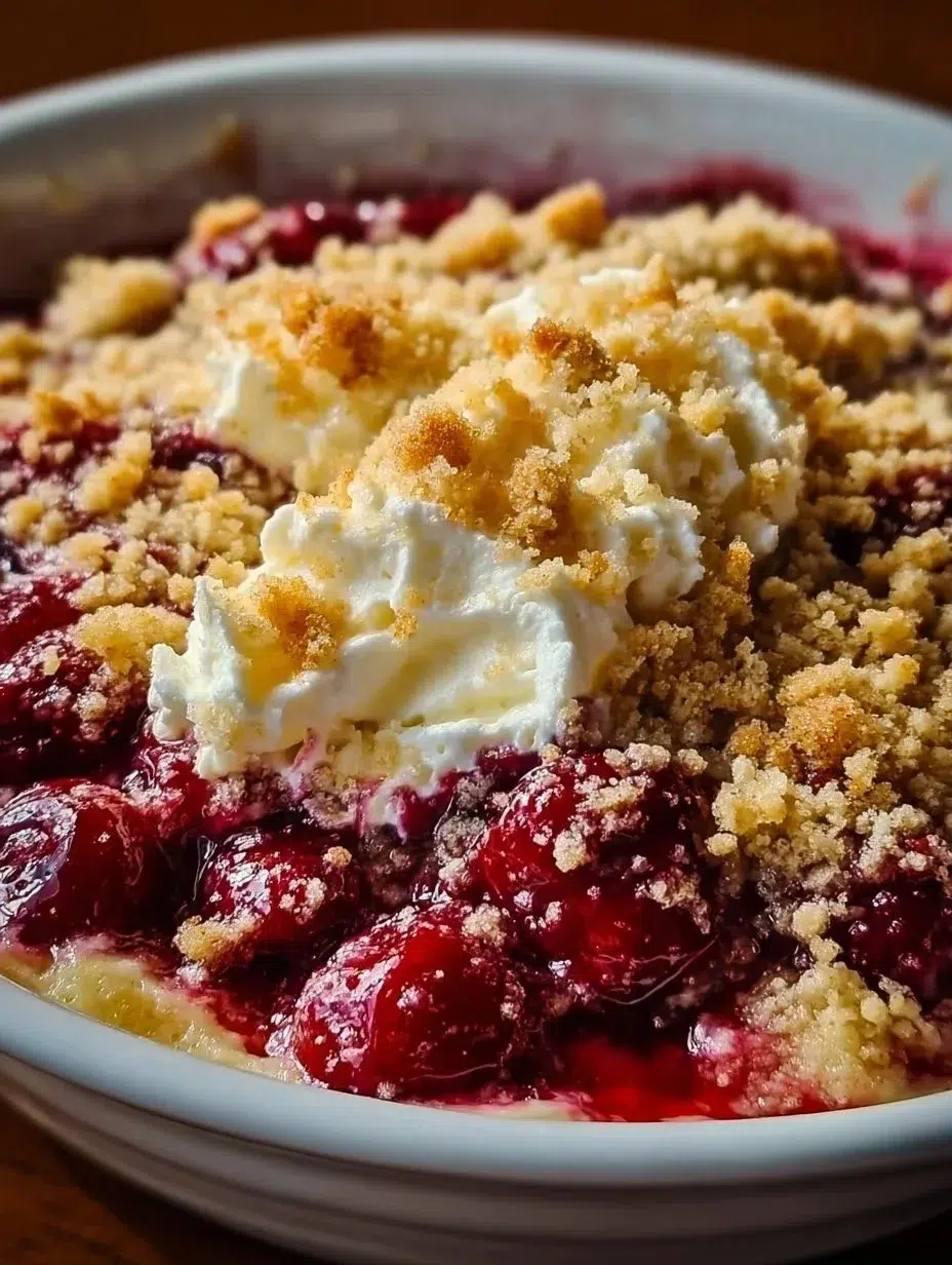 Slice of Cherry Cheesecake Dump Cake with crunchy crumble topping