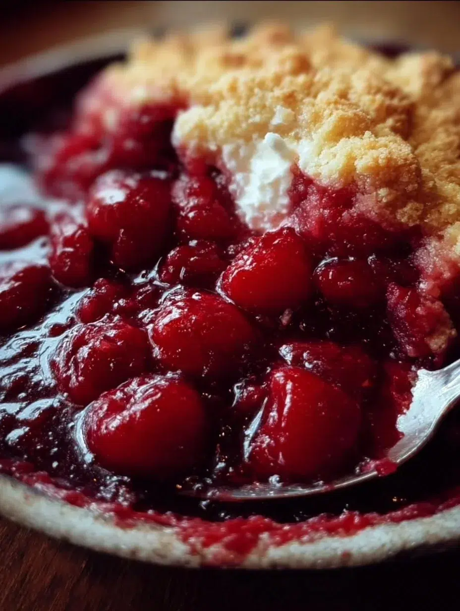 Freshly baked cherry cobbler with a golden crust and vibrant cherry filling.