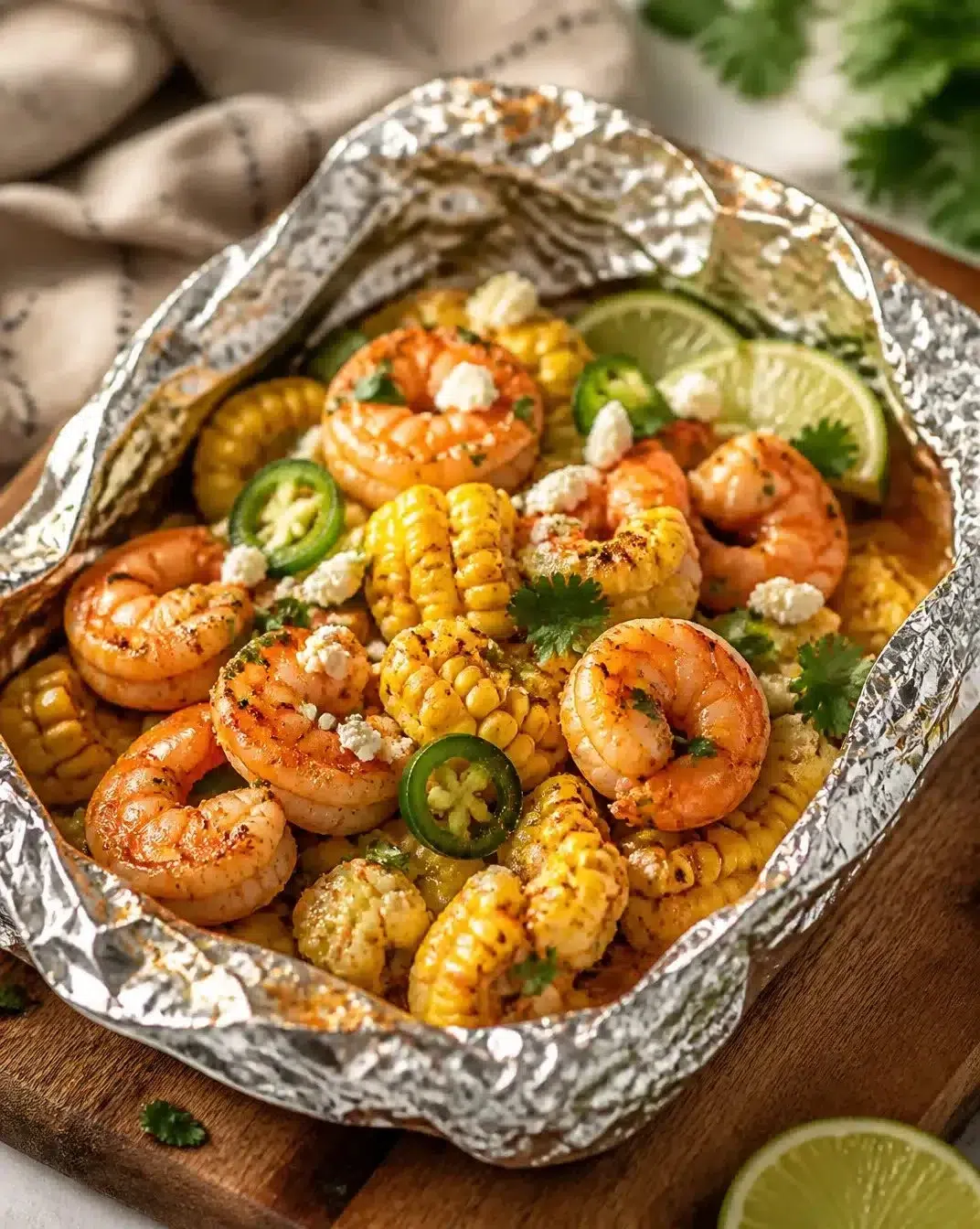 Citrus-Spiced Shrimp and Street Corn in foil packets ready for grilling.