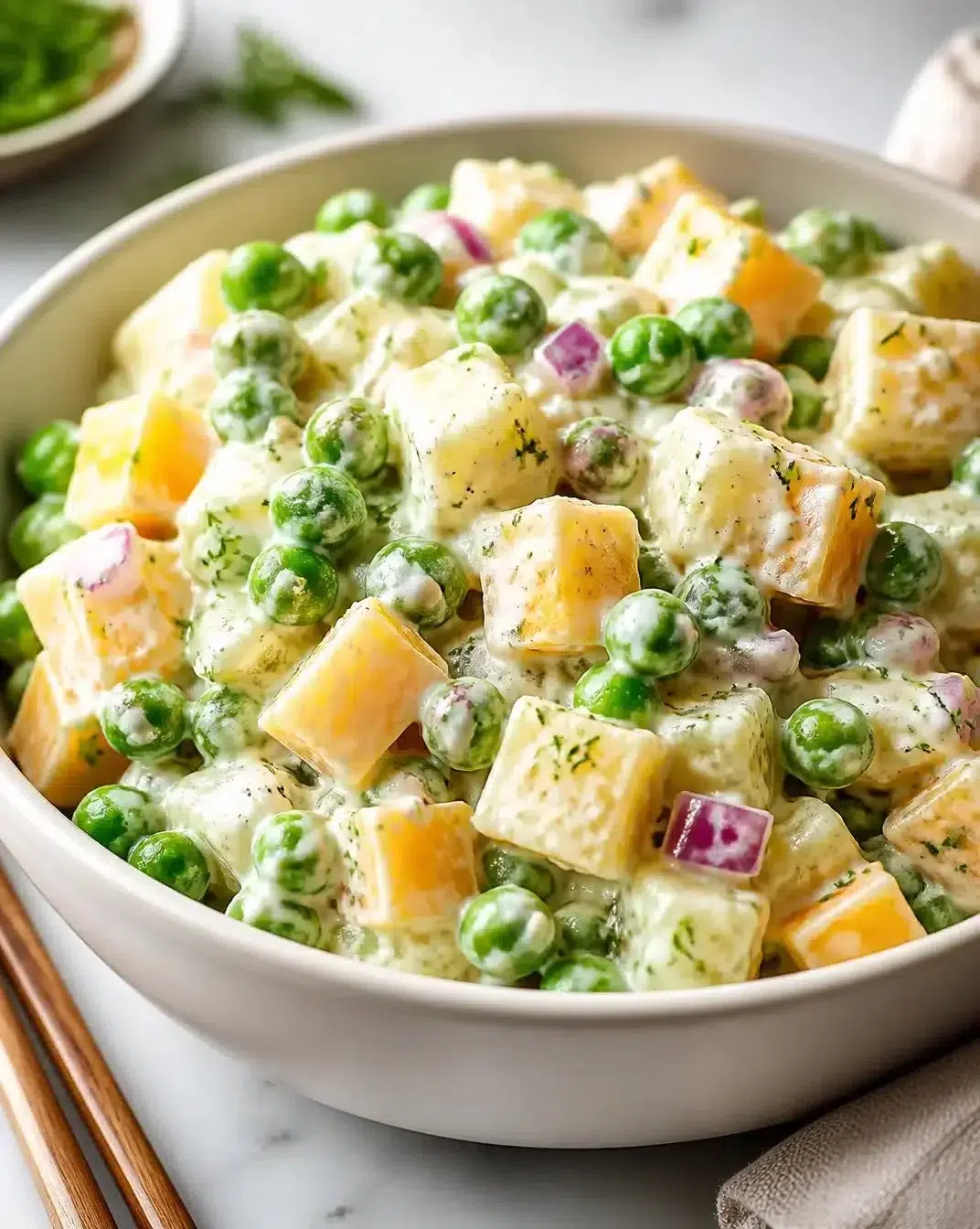 Classic Pea and Cheese Salad with fresh peas and cheese in a bowl