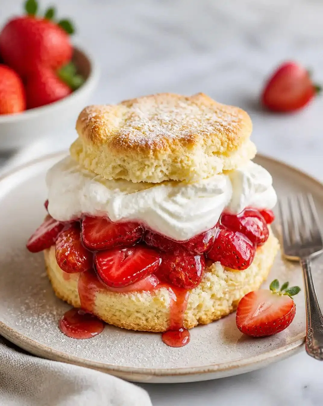 Delicious classic strawberry shortcake with fresh strawberries and whipped cream