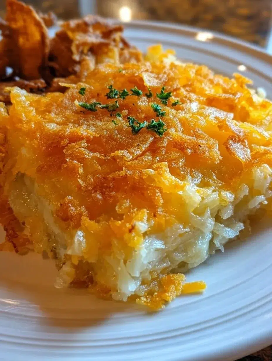 Delicious Cracker Barrel-style hash brown casserole with cheese and toppings