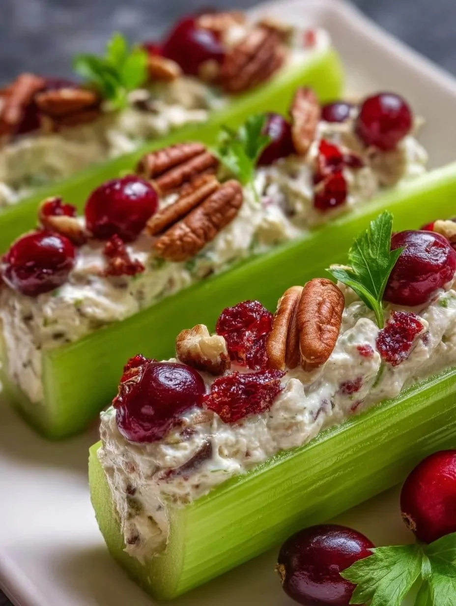 Cream cheese stuffed celery filled with cranberries and pecans