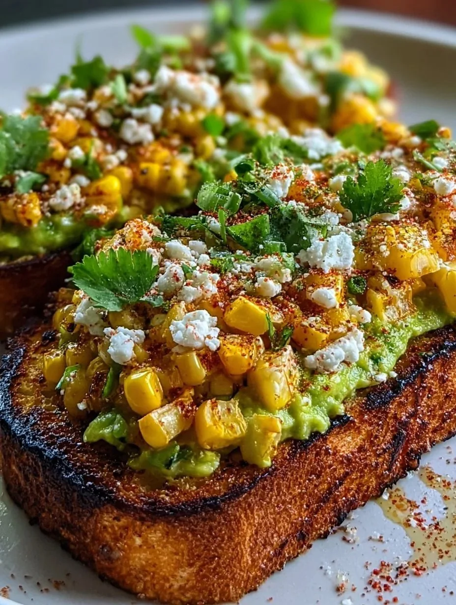 Delicious creamy avocado toast topped with Mexican street corn.