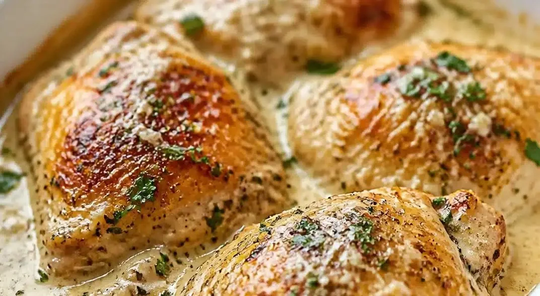 Creamy oven-baked chicken thighs served on a plate with herbs and spices.