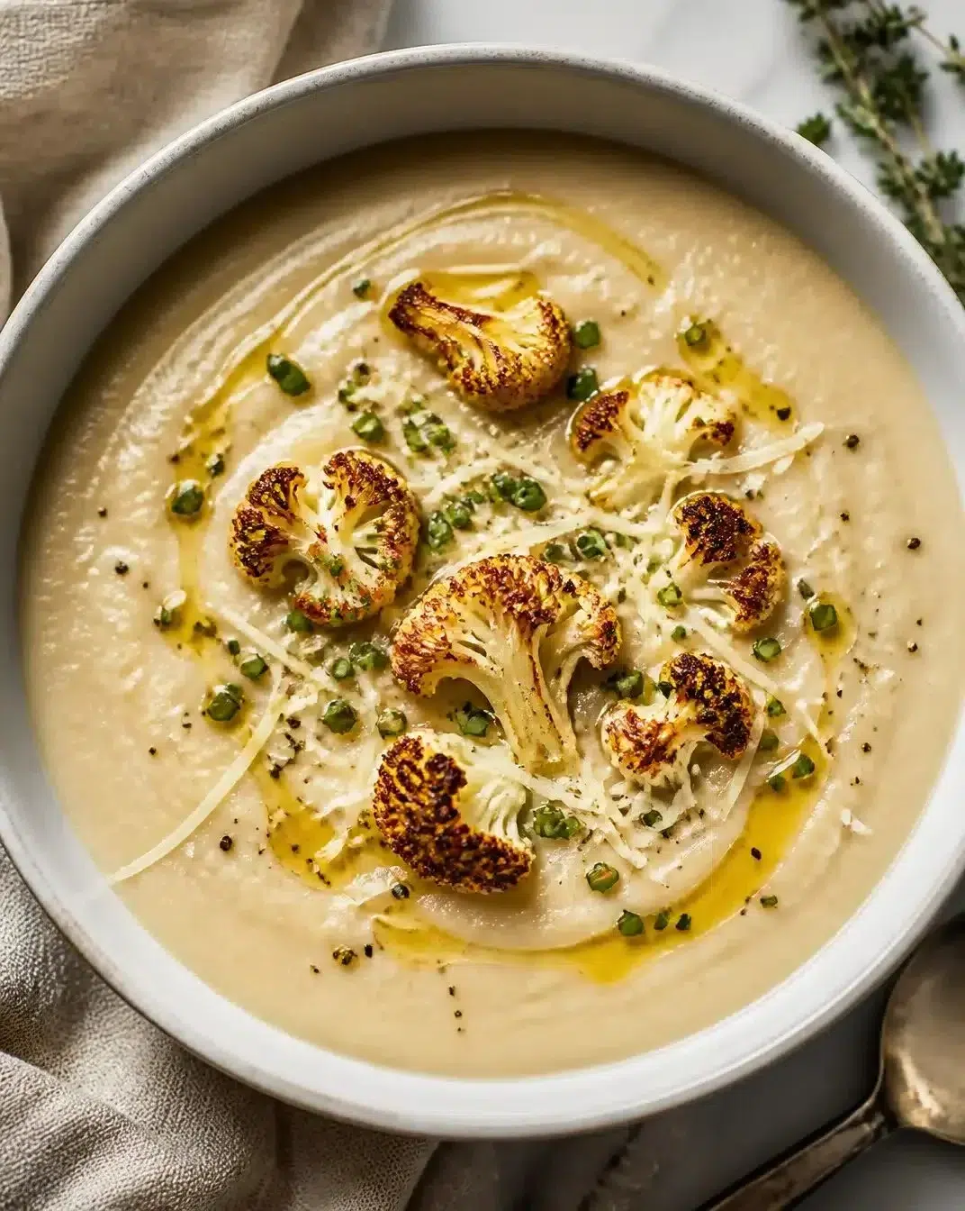 Bowl of creamy roasted cauliflower soup garnished with herbs and spices