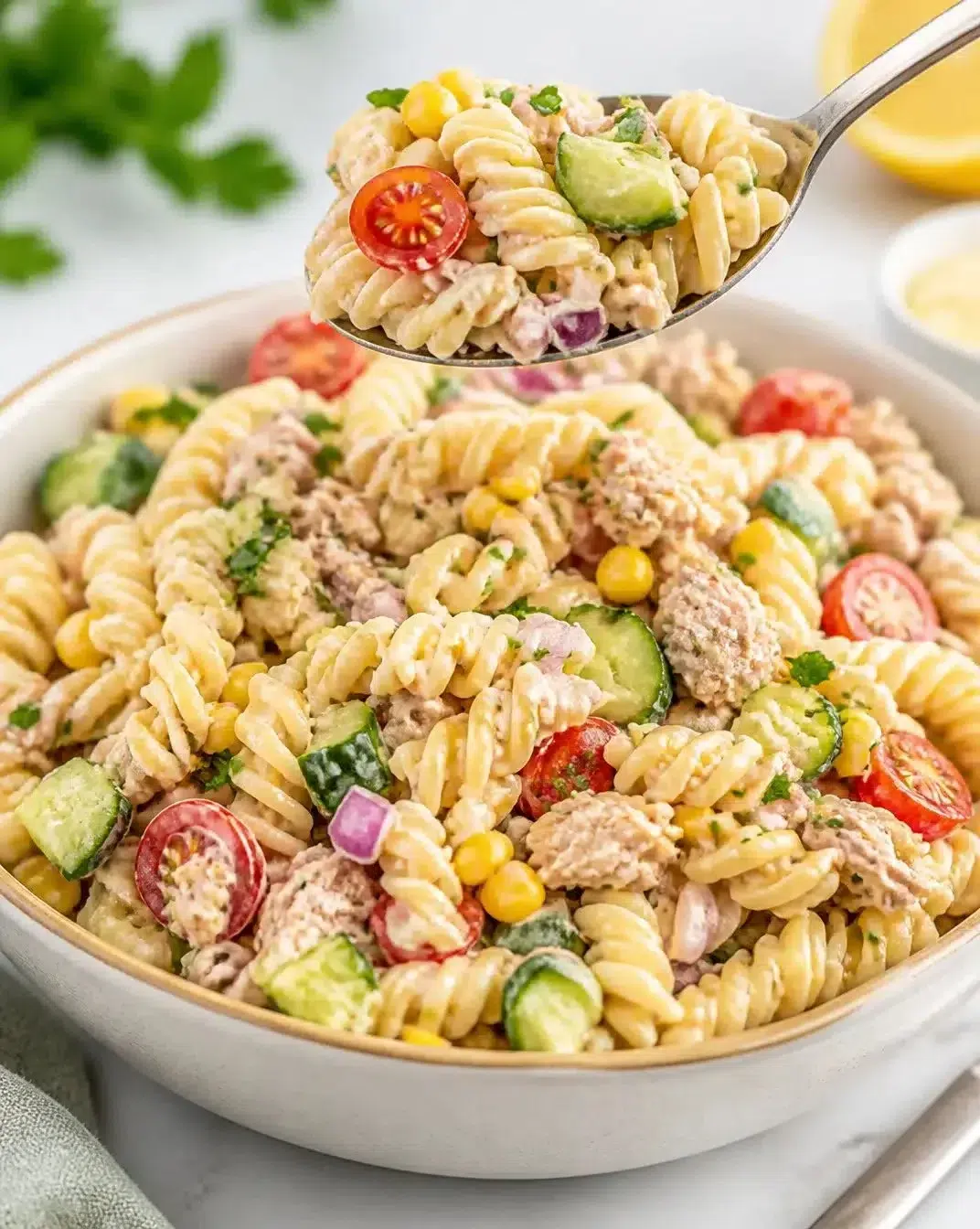 Creamy tuna pasta salad with vegetables and dressing in a serving bowl