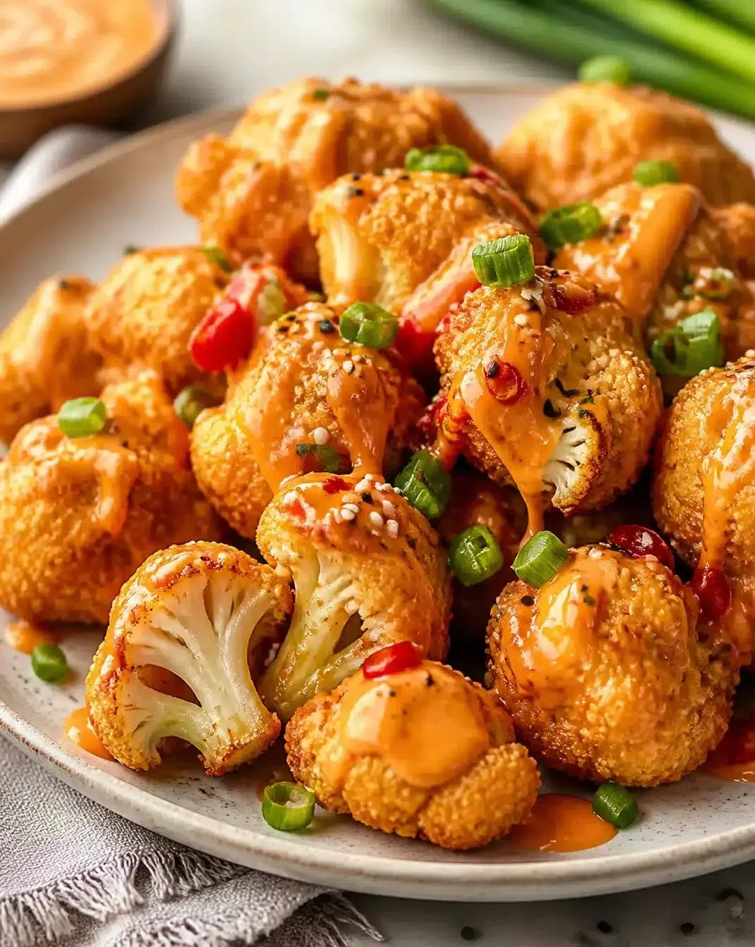 Crispy Bang Bang Cauliflower Bites with a spicy sauce drizzle