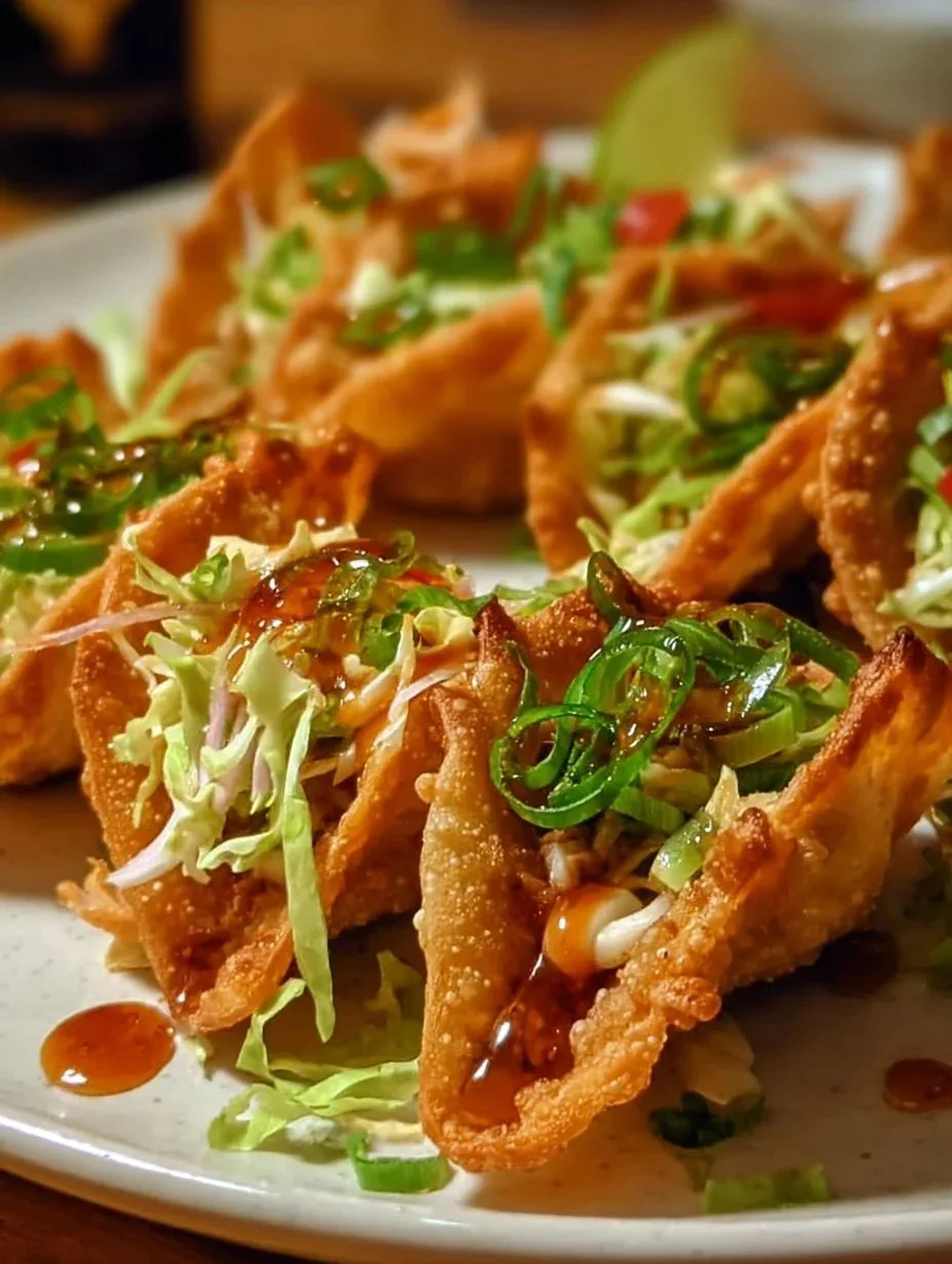 Crispy chicken wonton tacos with colorful tangy slaw on a plate