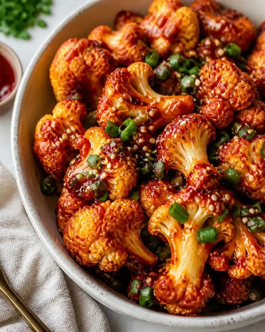 Air-fried crispy Korean chili cauliflower dish on a plate