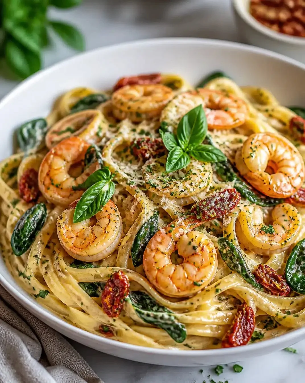 Cupid's Shrimp Pasta with creamy sauce and fresh shrimp