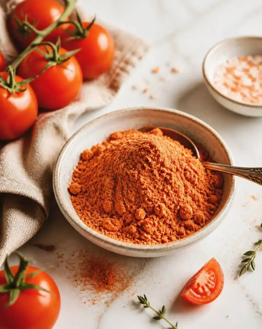 Homemade tomato powder in a jar ready for cooking