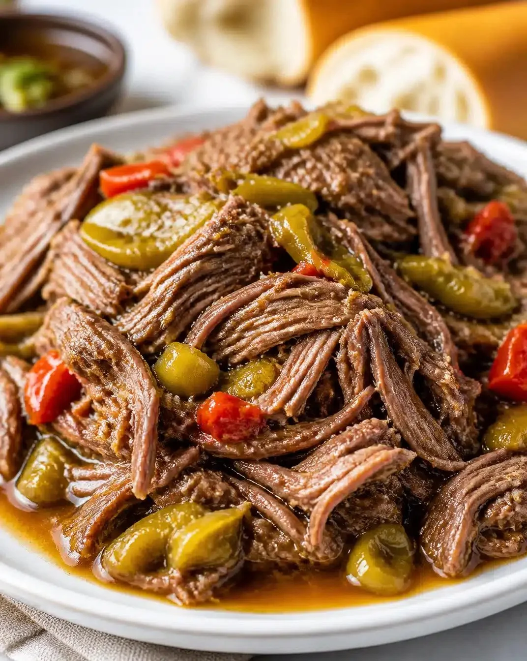 Flavorful slow cooker Italian beef dish served with bread and herbs