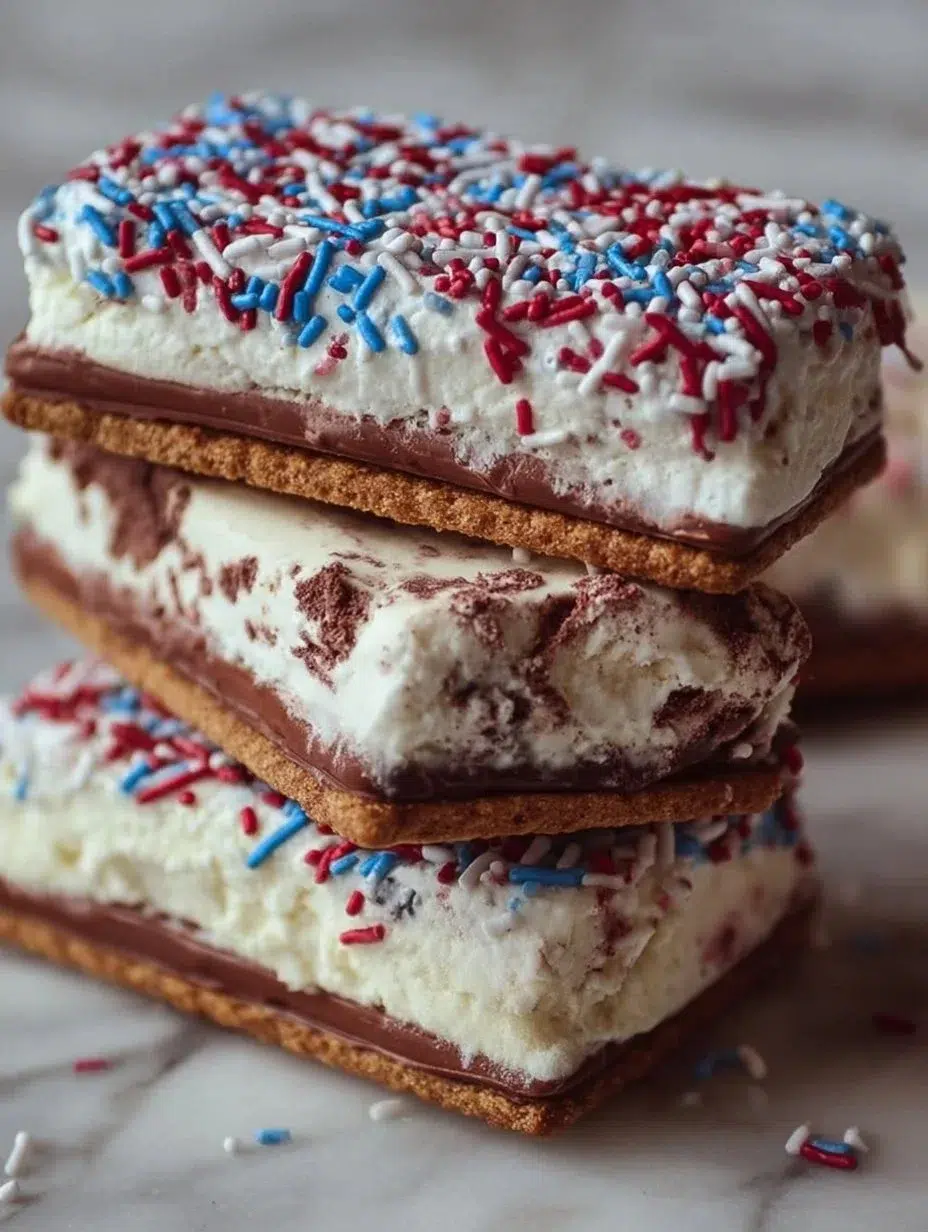Festive Fourth of July ice cream sandwiches decorated with red, white, and blue toppings