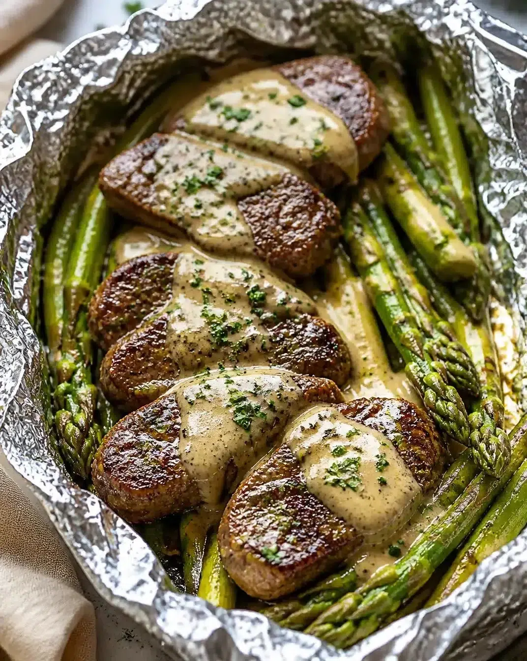 Garlic-Butter Beef and Asparagus Foil Packs on a grill