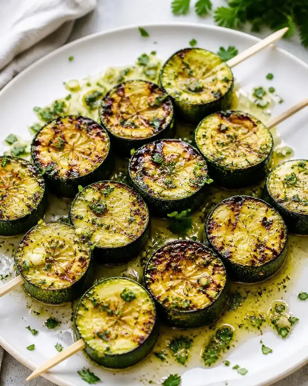 Delicious garlic butter grilled zucchini skewers on a barbecue grill