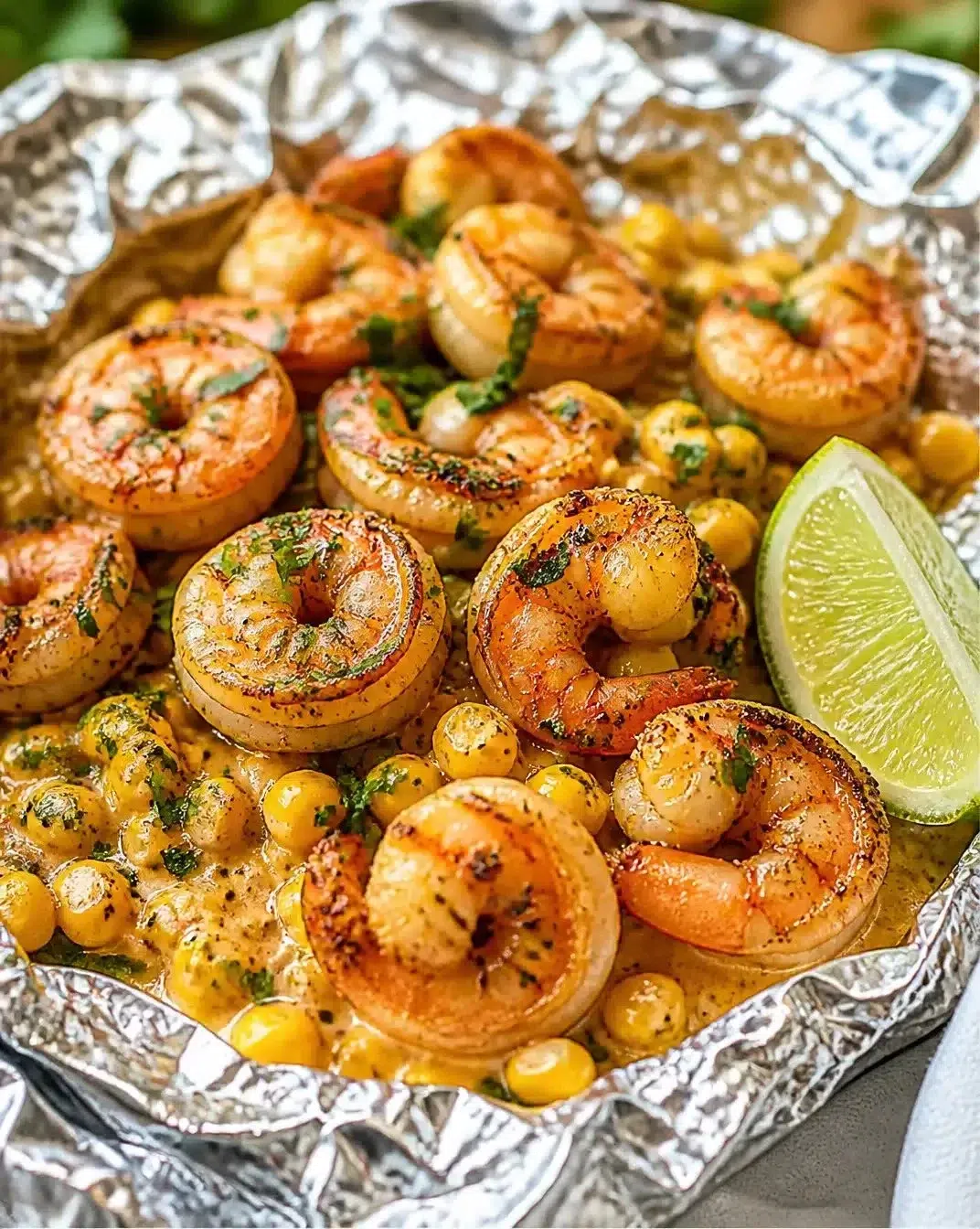 Griddle street corn and shrimp foil packets ready for grilling on a summer evening.