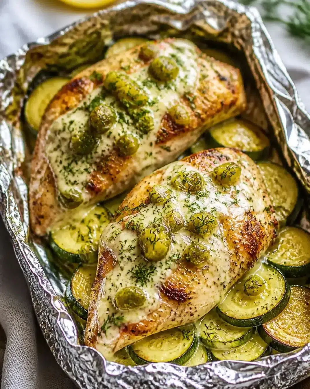 Herbed chicken and zucchini foil packets ready for grilling.