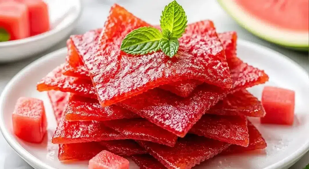 Homemade watermelon jerky snack on a wooden board