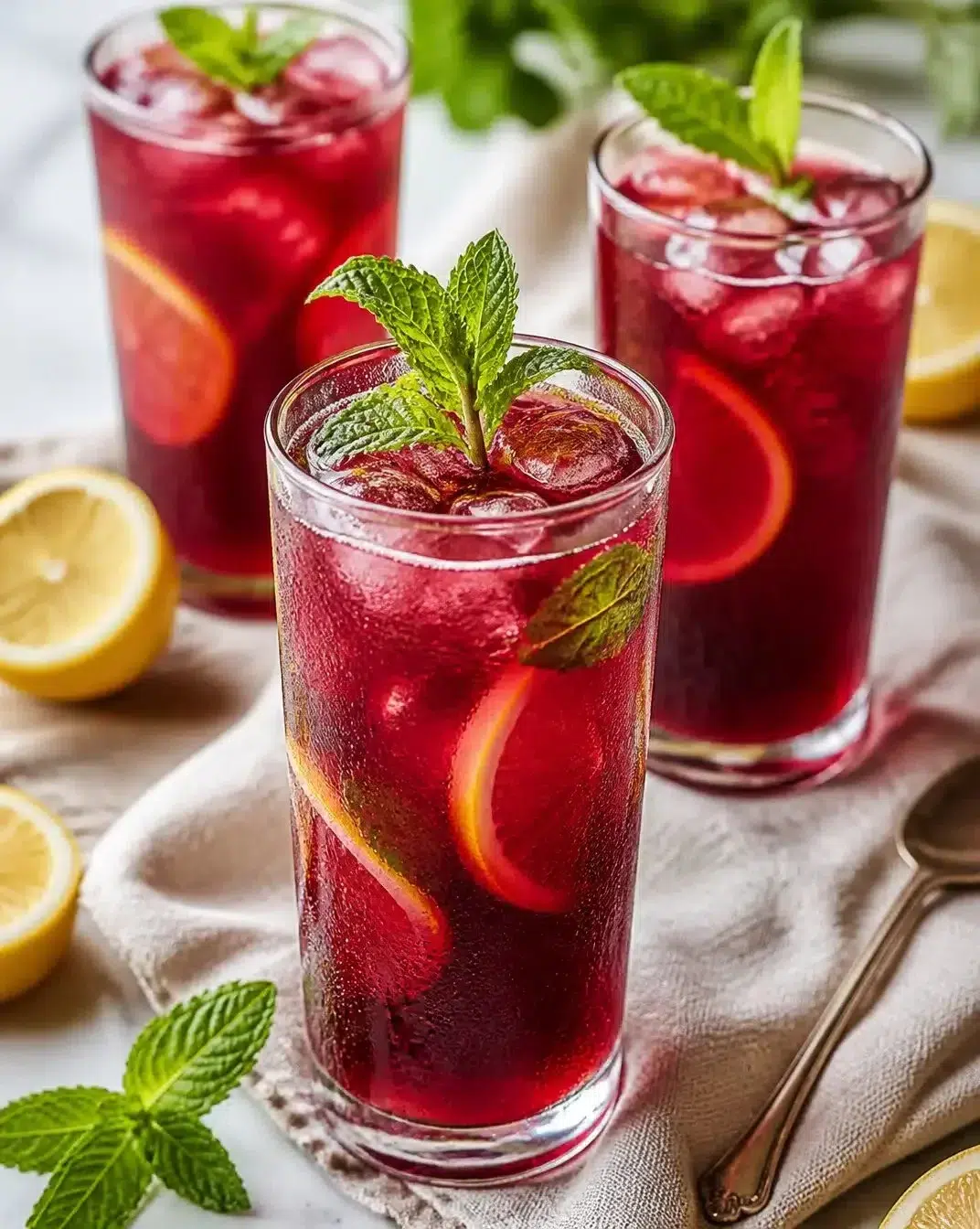 A refreshing glass of iced hibiscus tea with lemon slices and mint leaves