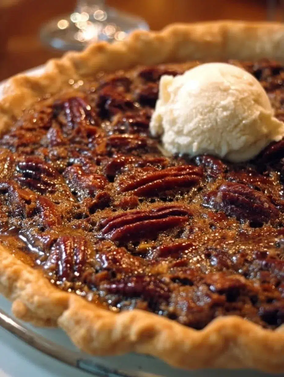 Delicious slice of Kentucky Pecan Pie topped with pecans.