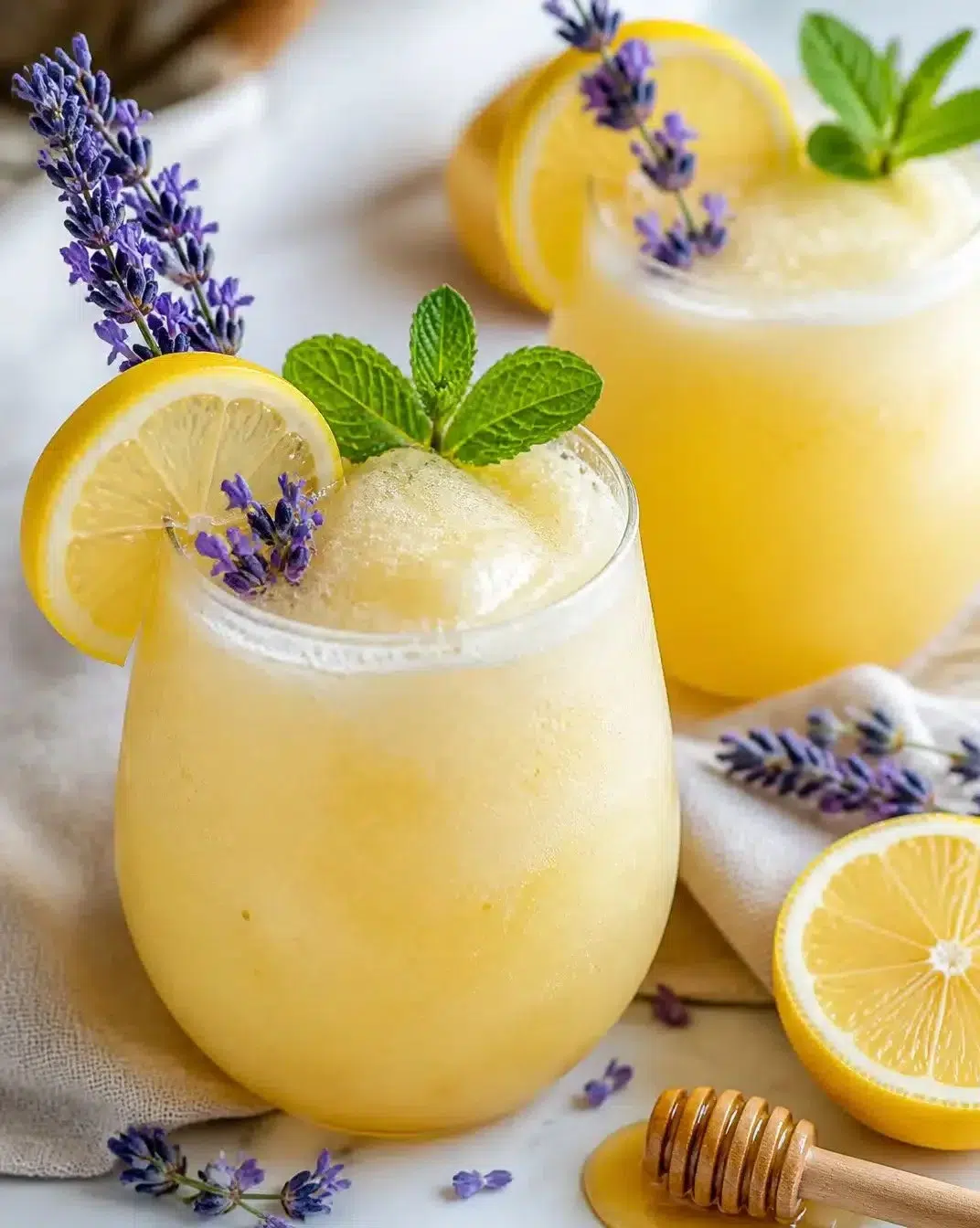 Lavender and Honey Lemonade Slush in a frosty glass with lavender sprigs
